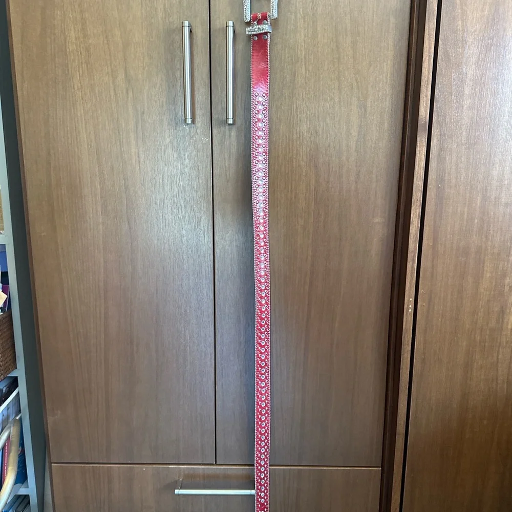 Elegant Red Studded Belt with Ornate Silver Buckle NWT